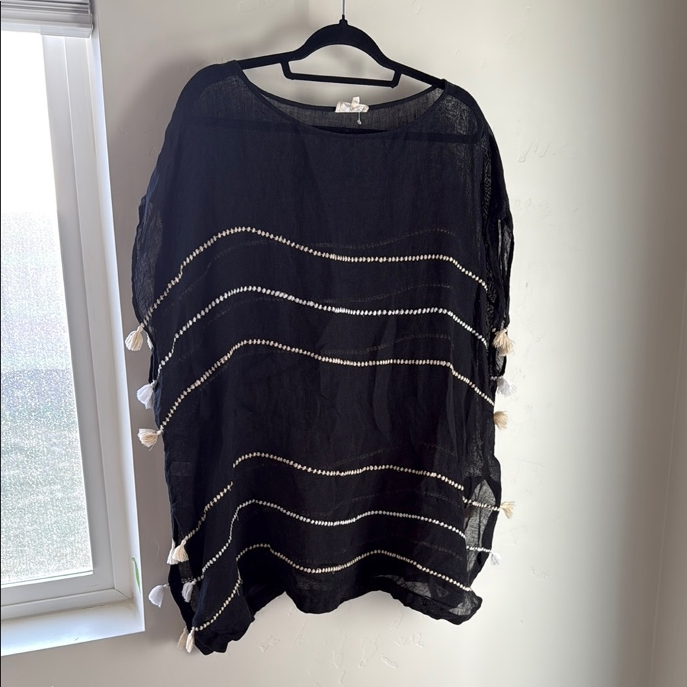 Lou & Grey Black Sheer Top with Tassels